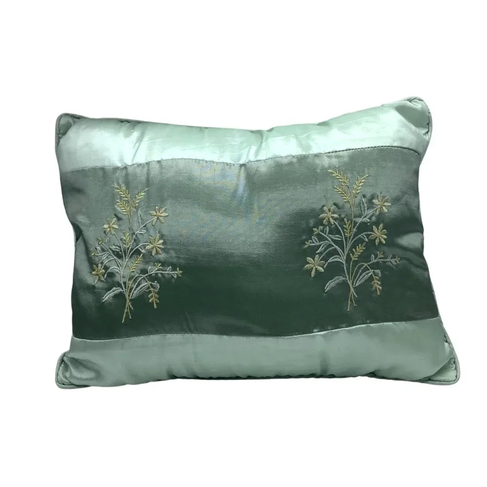 Vtg Satin Floral Embroidered Decorative Throw Pillow Light Green‎ 14